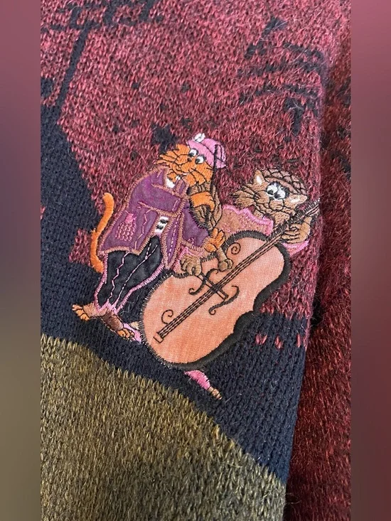 Vintage 80’s North Country by Eaton Novelty Cool Jazz Cat Wool Crewneck Sweater - Picture 3 of 8